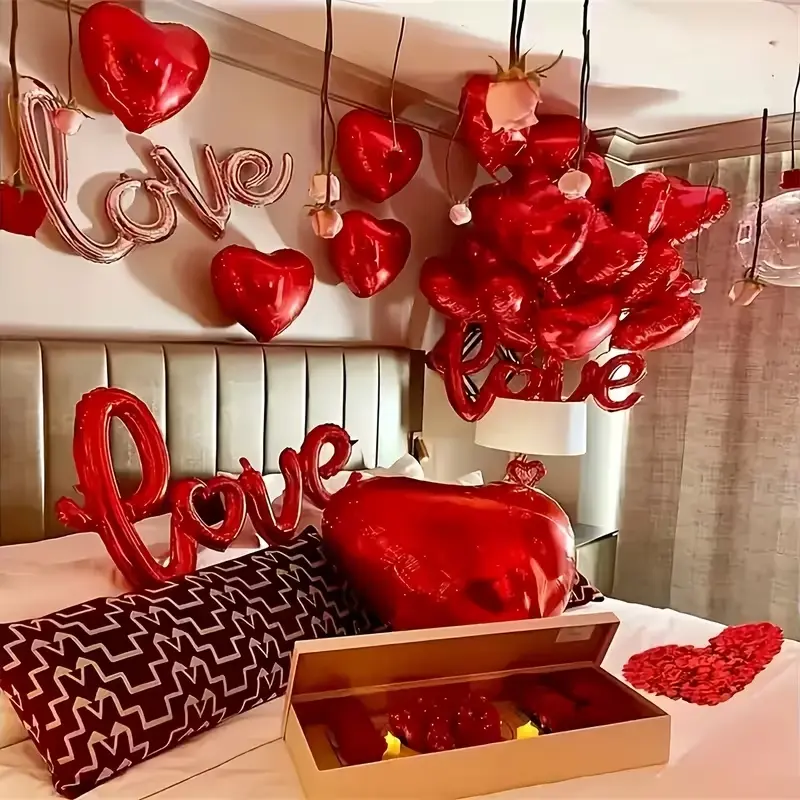 1 Set Romantic Valentine'S Day Balloon Decoration Kit, 500 Rose Petals, 20 Heart Foil Balloons, 1 Love Letter Balloon, Ideal for Proposal, Engagement, Wedding, Anniversary, Celebration, Confession, Versatile Scene Background Decor, Heart Shaped Balloons