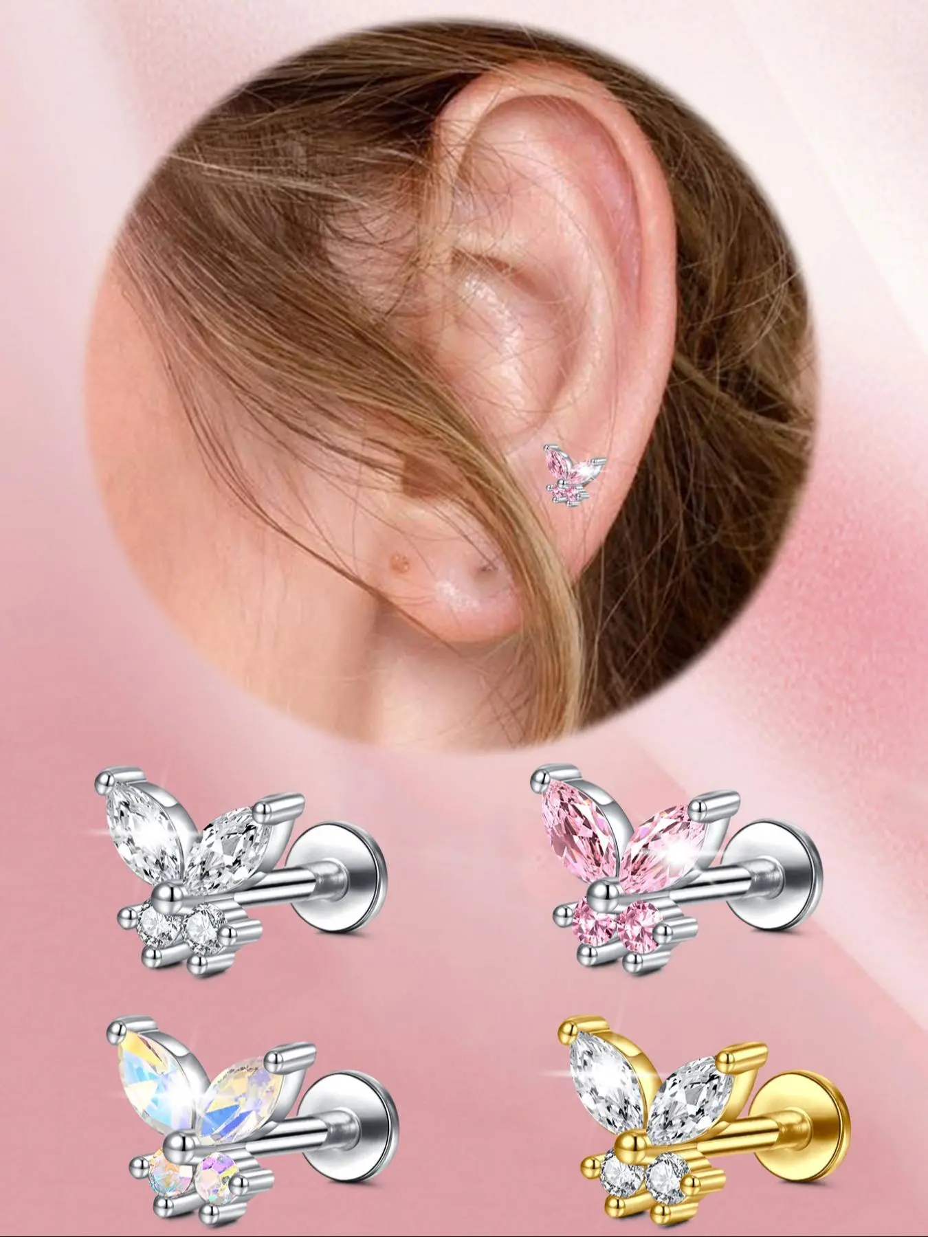 Butterfly Design Earrings, Brilliant Stud Earrings, Artificial Zircon Inlaid Stainless Steel Earrings, Fashion Jewelry Accessories for Women & Girls, Stud Earrings Jewelry