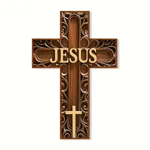 Vintage Wooden Cross Wall Decor, Retro Style Home Decoration, Religious Home Decor, Indoor Hanging Art for Living Room Bedroom Prayer Room Christmas Halloween Easter Thanksgiving, Wooden Cross Decorations