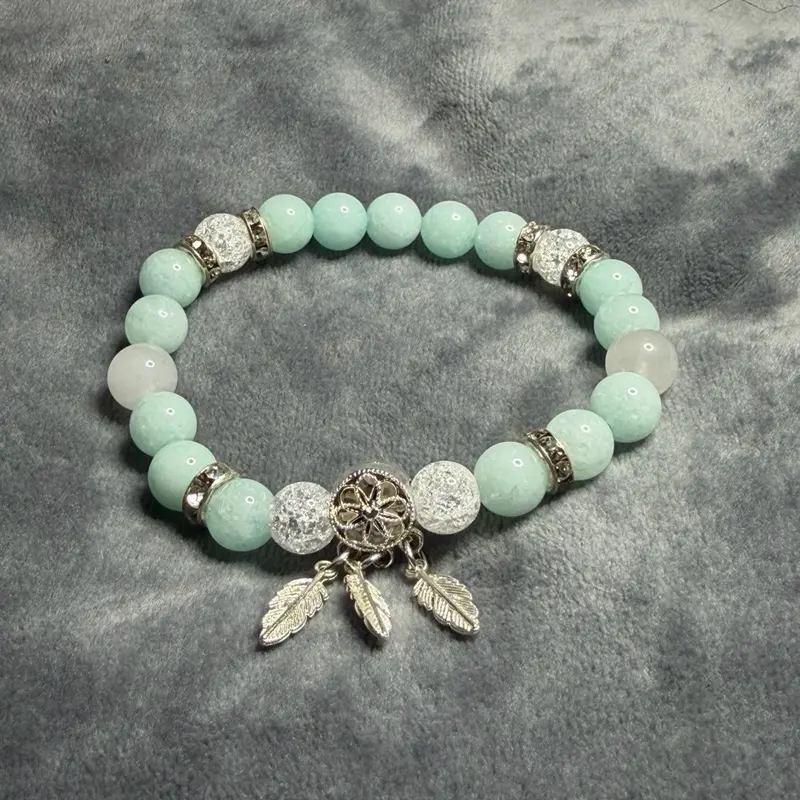 Celestial Dreamcatcher Bracelet with Aqua Beads Silver Charms and Leaf Design for Women