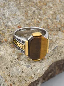 Handcrafted 316L Stainless Steel Ring, 18K Gold Accented Tiger Eye Gemstone for Men