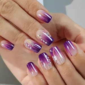 Curvlife medium squoval striped False Nails diamond purple chrome metallic Easy Apply Nail Art