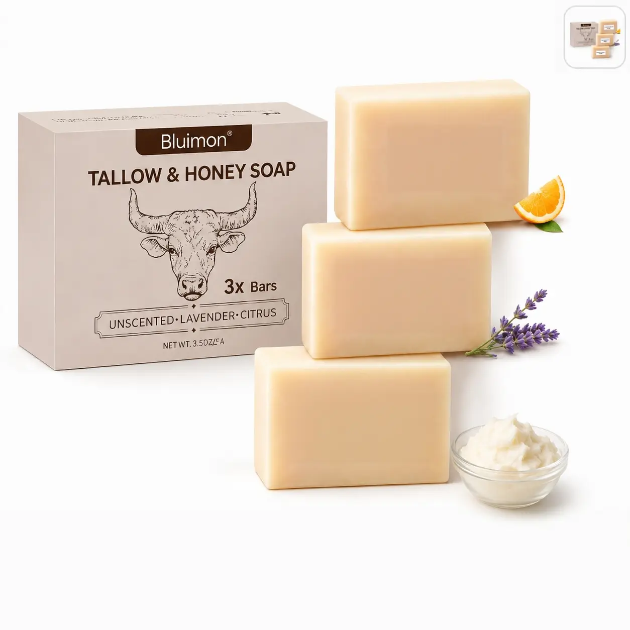 Bluimon Tallow Soap with Honey, Natural SoapBar,Moisturizing Face & Body Cleanser, GentleDailyCleansing Soap, Unscented Lavender Citrus Soap Set