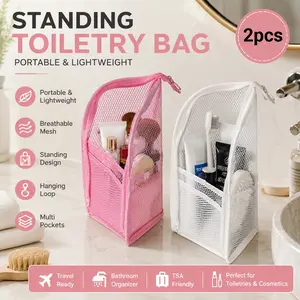 2Pack Standing Toiletry Bag, Portable Lightweight Travel Toiletry Bag, Large Capacity Mesh Travel Toothbrush Storage Bag, Foldable Clear Hanging Small Makeup Bag, Cosmetic Organiser Storage,for Travel Toothbrush Toothpaste Makeup Organizer