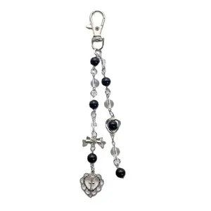 Obsidian Bead Keychain Handmade Y2k Heart Cross Bowknot Sweet Cute