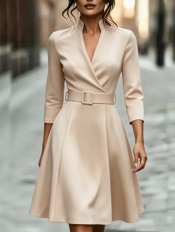 A stylish, elegant, solid-color V-neck mid-length sleeved dress with a belt for women. It's suitable for spring, autumn, and winter, and can be worn as a thick mid-length dress for parties, weddings, dates, or commuting.