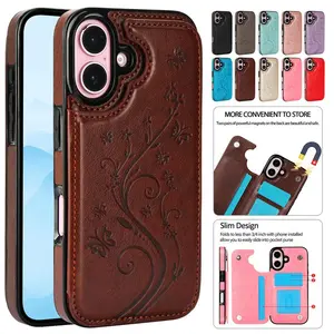 Maillard color Brown Case For iPhone 17 Pro Max Air 17 16 15 14 13 12 11 Pro Max 16 15 14 Plus / Pro Magnetic Clasp PU-Leather ID credit Card Slots Stand Function Butterfly Flower Pattern Durable Shockproof Soft TPU Back Wallet Cover Rubber Case