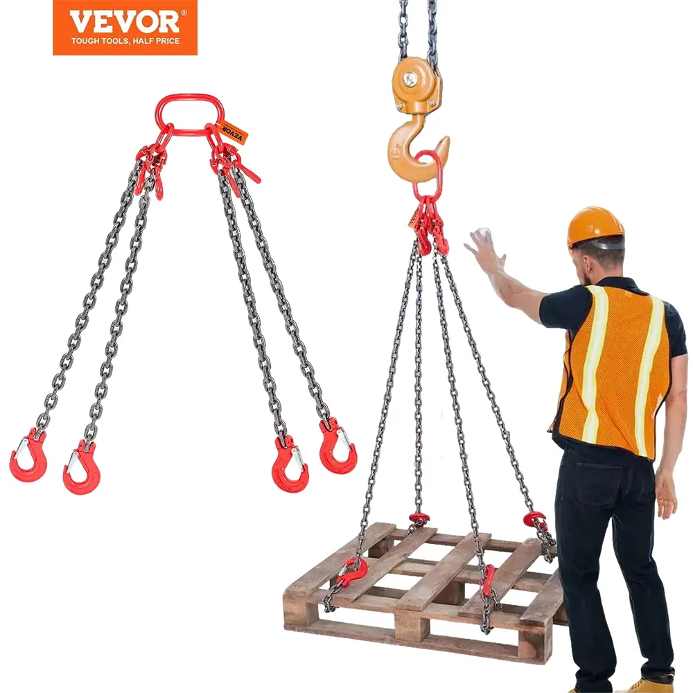 VEVOR Chain Sling, 1/4 5/16 Inch X 5/10 Ft Lifting Chains with Hooks, G80 Engine Chain Hoist Lifts, 6600 lbs/11000LBS Lifting Sling Chains for Engine Hoist, Engine Lift Chain 5T with 4 Leg Grab Hooks and Adjusters