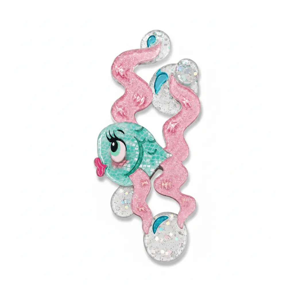 Fishy Kisses Brooch Clip by Miss Fluff - Lipstick & Chrome, 1-Piece Kiss Motif Accessory with Sparkling Eyes for Playful Look, One-Piece