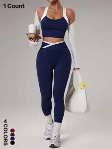 2 Piece Yoga Sport Set, Colorblock Cross Back Tank Top & High Waist Pants, Breathable Compression Wear for Fitness Training