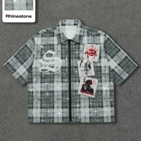 Men's Gothic Print Rhinestone Plaid Casual Shirt, Street Style Fitted-Woven Fabric, All-Season Fashionable Design, Fitted Cut, Menswear