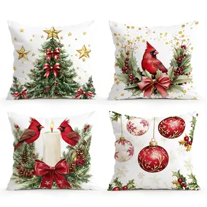 4pcs Christmas Bishop and Holiday Pattern Cushion Covers, Single-Sided Print, Home Decor for Living Room Bedroom, All Seasons