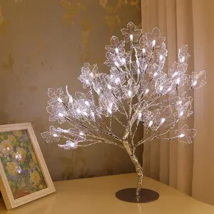 18" 48 LED Lighted Bonsai Tree Artificial Table Lamp With Cool White Acrylic Leaves And Adjustable Branches For Valentines Day Decor House Wedding Dinner Party DIY Gift