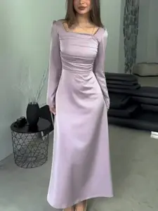 Frech Sweety Women's Dress Formal Wear Satin Mercerization Violet Solid Long Sleeve Folds Lace-up Square Neck Elegant Formal Chic Female Payty Dresses