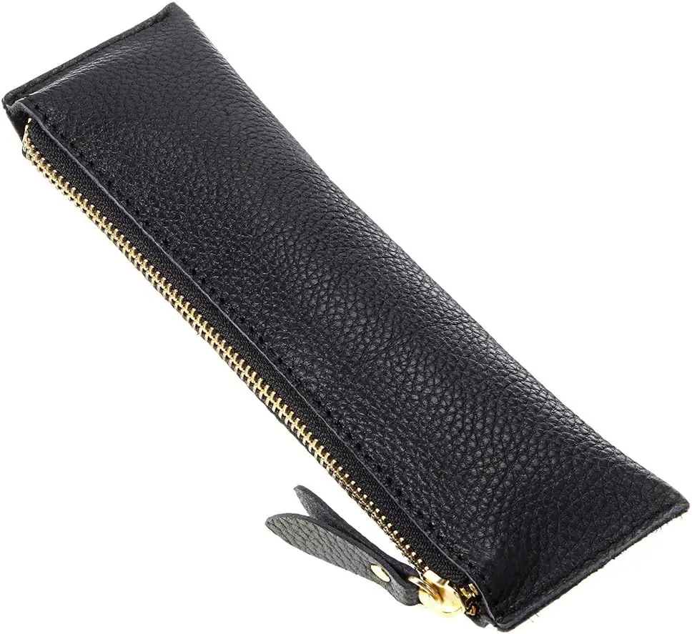 Genuine Leather Pencil Case - Zippered Pen Case Stationery Bag Zipper Pouch Pencil Holder (New Black)
