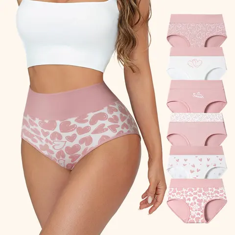 Hotcom Women's Plus Size Soft Cotton-Elastane Printed High Waisted Panties - 4/6 Pack, Retro Love Print, Stretchy Waistband, Double Layer Crotch, Breathable, Easy On/Off, Everyday Fit, Postpartum Comfort