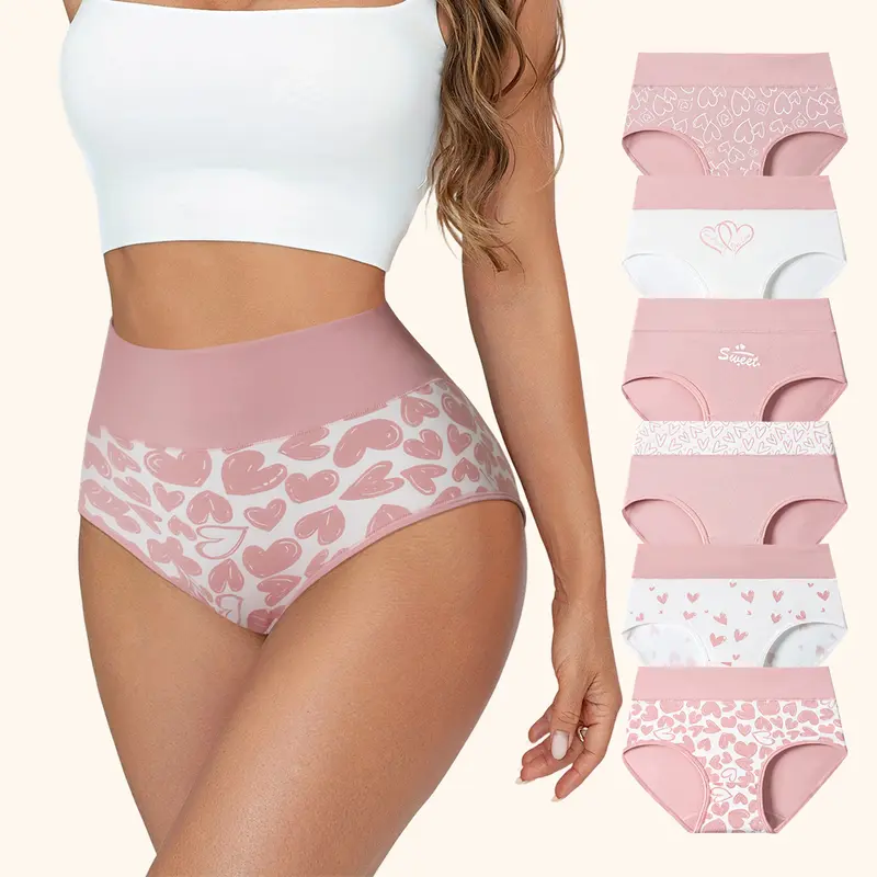 Hotcom Women's Plus Size Soft Cotton-Elastane Printed High Waisted Panties - 4/6 Pack, Retro Love Print, Stretchy Waistband, Double Layer Crotch, Breathable, Easy On/Off, Everyday Fit, Postpartum Comfort