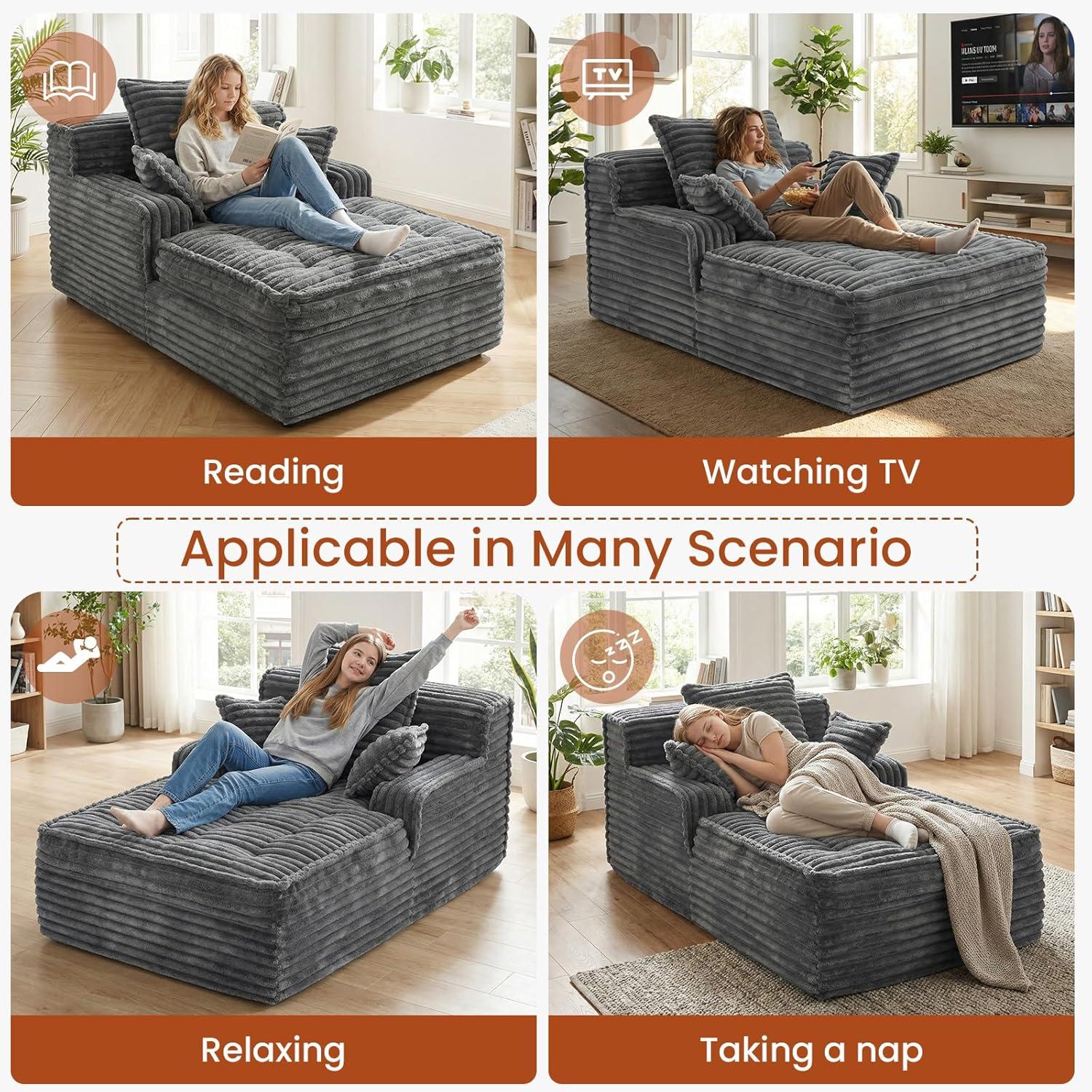 Winzoo Boneless Chaise Lounge Chair Indoor, Corduroy Small Boneless Sleeper Sofa with 3 Pillows & Wide Armrest, Fluffy Comfy Chase Lounge Indoor, Compression Boneless Couch for Living Room