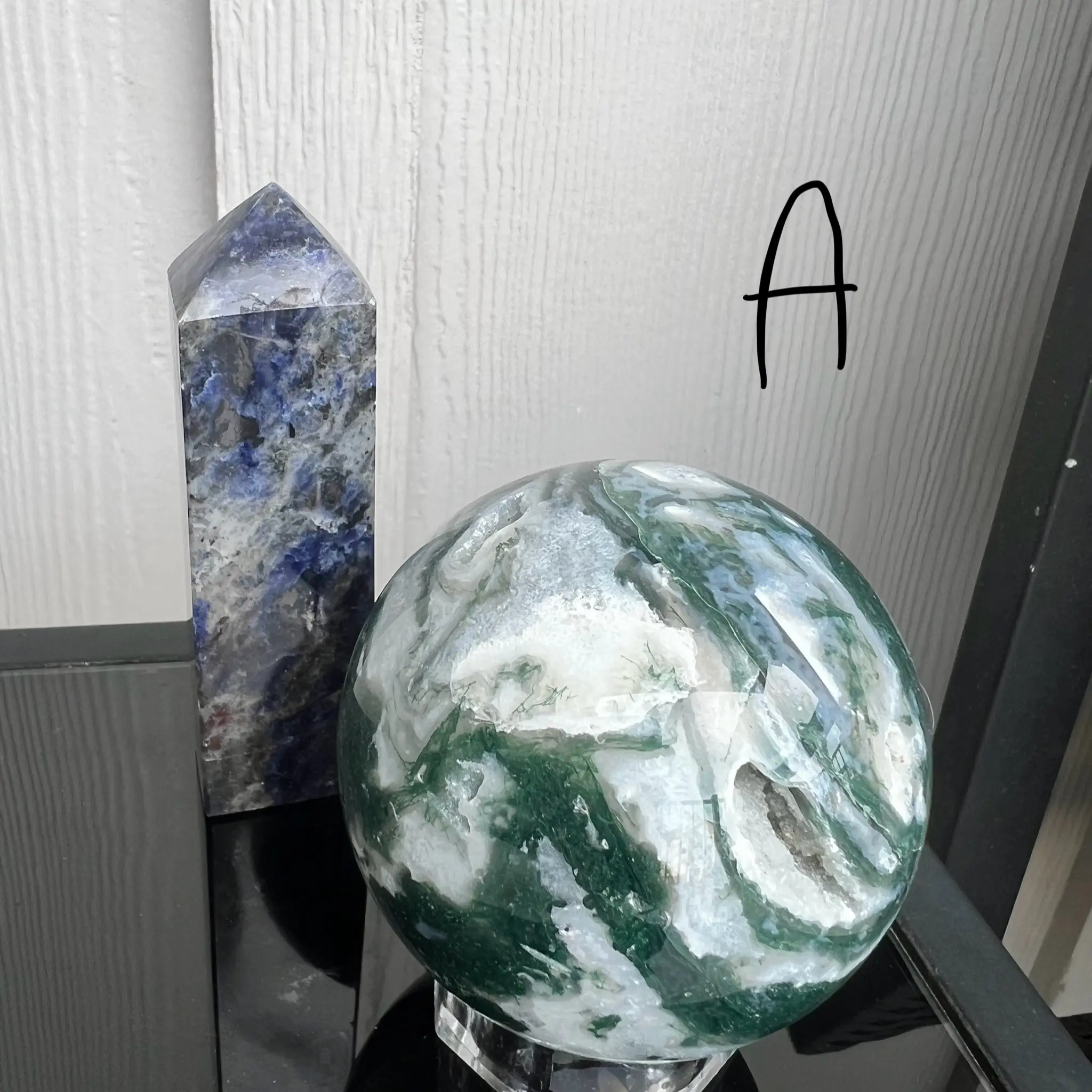 Moss Agate Sphere and Sodalite Tower Sets