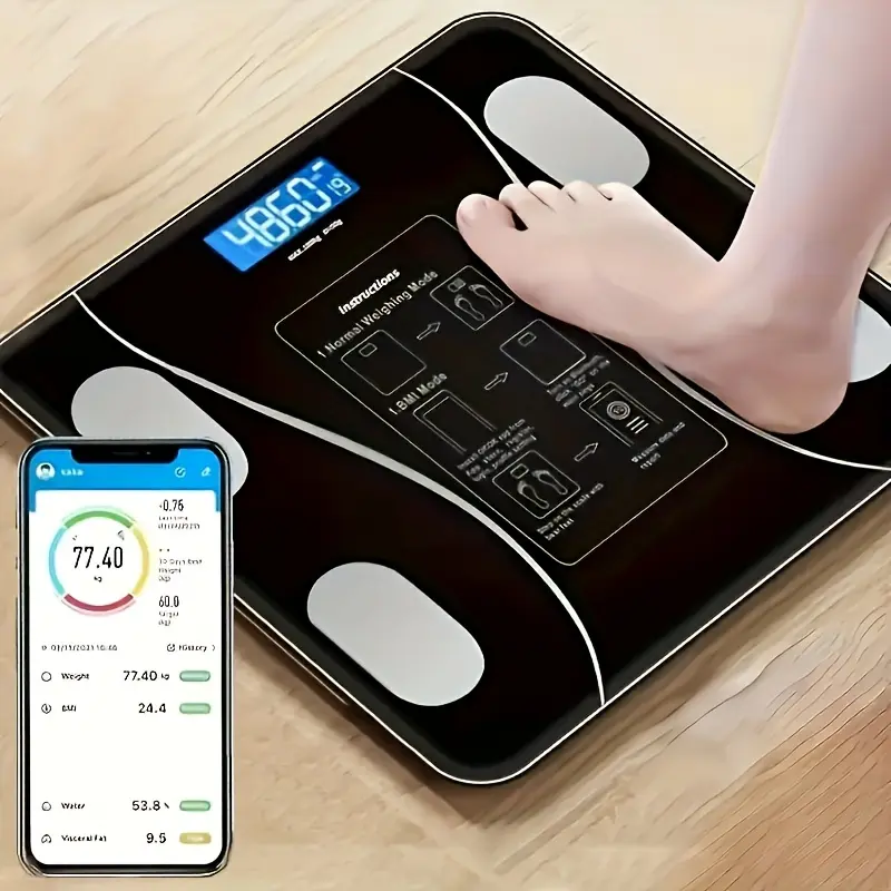 Black Premium Hand-Feel Digital Electronic Smart Scale, High-Accuracy with LED Backlit Display, Automatic Calibration, Auto On and Off, Universal APP Compatibility, Ideal for Weight Management (Home & Festive Party Supply Gift)