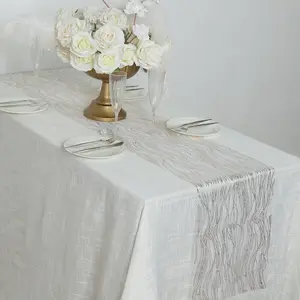 5 Pack Organza Table Runners 12"x108" White with Gold Foil Wave Design - Disposable Shimmering Accent for Tablescapes