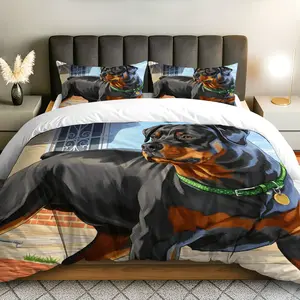 3PCS Duvet Cover Set, 1 Machine Washable Duvet+2 Pillowcases(Without filler), Rottweiler Dog Pet Animal Art Theme, Christmas bedding set, Dog Lover Gift Perfect for Bedroom Living Room Guest Room Dorm.