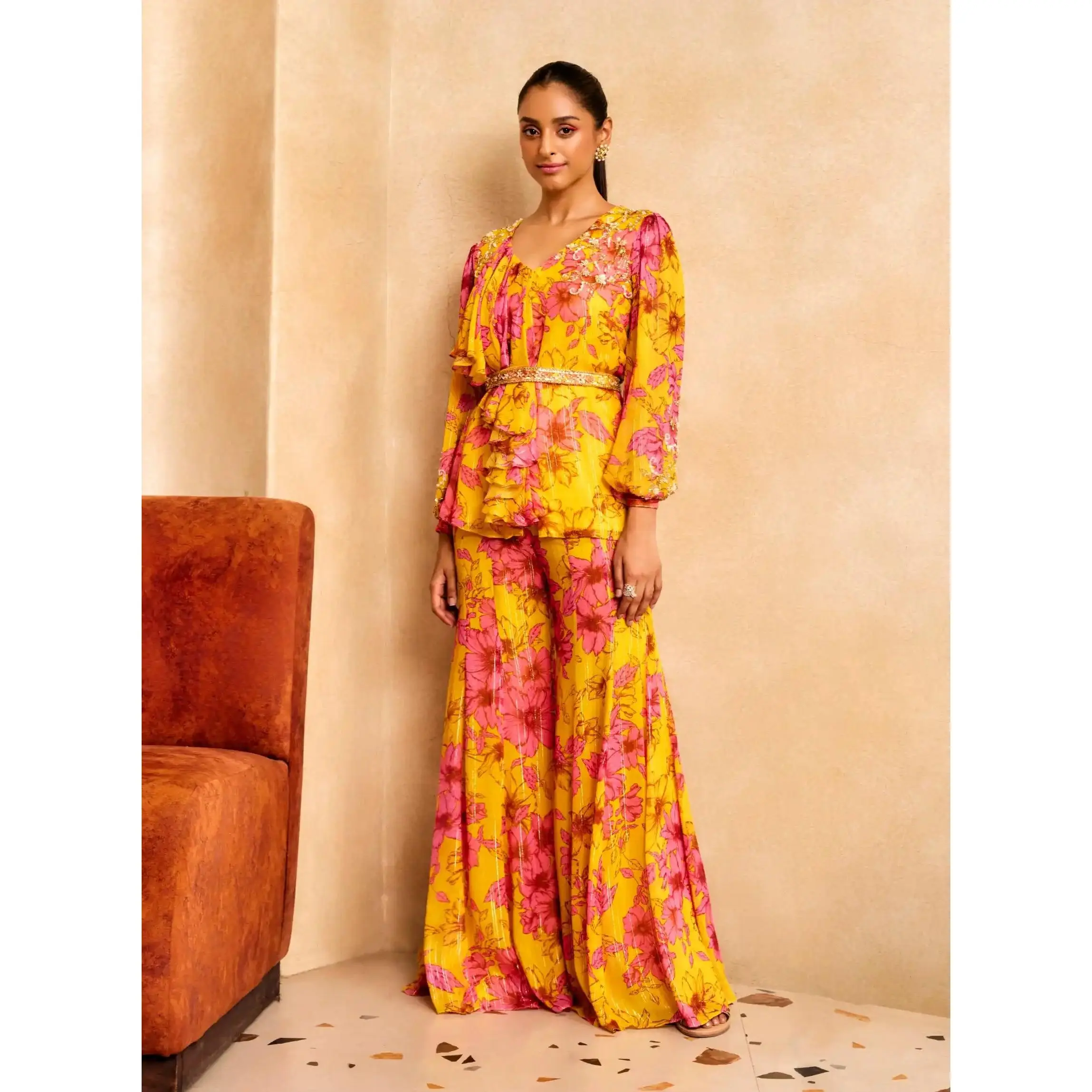 Yellow floral print ruffle kurta and sharara set