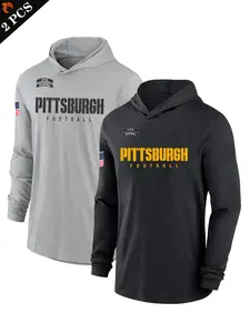 Men's Pittsburgh Football Hooded Long Sleeve T-Shirt Set, Breathable Lightweight Loose Fit, Casual Outdoor Sports Gym Wear, Athletic Sports Clothing