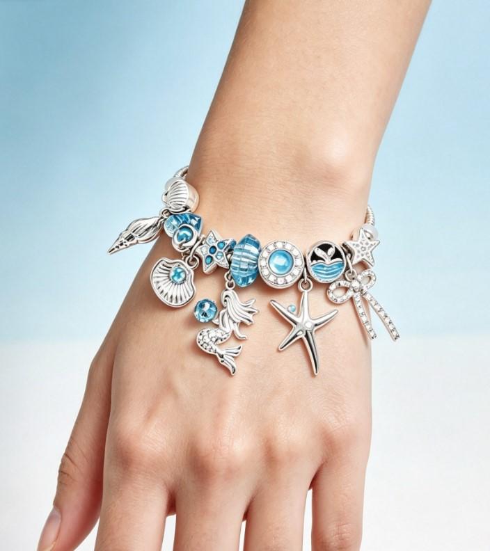 Silver Ocean Mermaid Charm Bracelet, Blue Crystal Shell Starfish Conch Bow Snake Chain Bangle, Adjustable Extender Chain Summer Beach Jewelry Gift for Women Girls