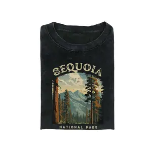 Vintage Redwood National Park Pattern Print Women'S Washed T-Shirt |   Loose Street Style, All-Season Casual, Machine Washable, Perfect Gift for Outdoor Enthusiasts, Soft Fabric, Crew Neck, Short Sleeve