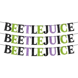 Pre-Strung Beetlejuice Banner - NO DIY - Glitter Beetlejuice Halloween Banner - Pre-Strung Banner on 8 ft Strands - Purple & Green Halloween Beetlejuice Party Decorations & Decor. Did we mention no DIY?