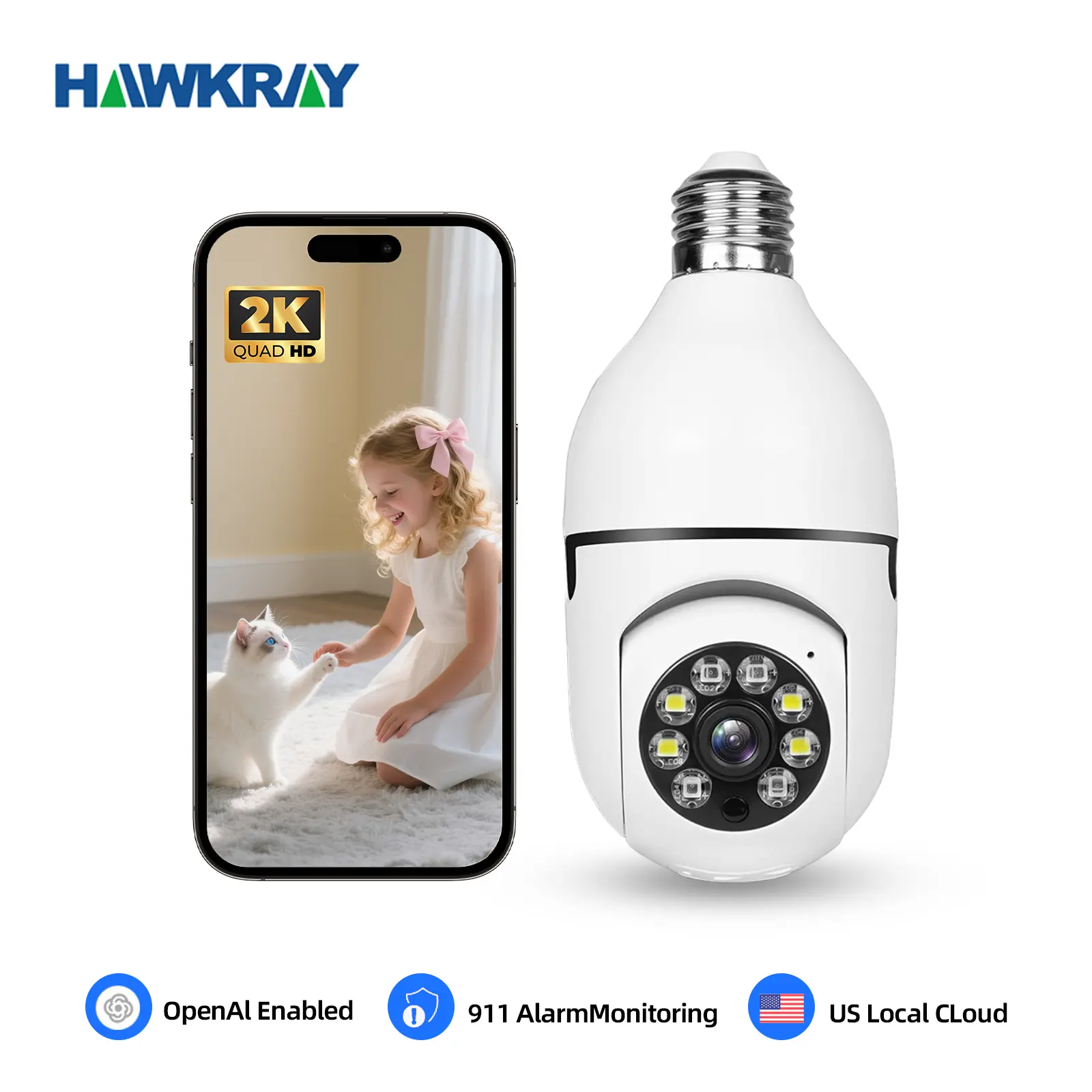 Hawkray Socket Mount Wi-Fi Security Camera - Plug-in/Cordless, 2.4GHz App Controlled Camera, 360° Remote Viewing, Infrared Night Vision, Motion Sensor, Real-Time Alerts, 2-Way Audio, Easy Installation, HD Smart Home Gadgets for Indoor Home Security,