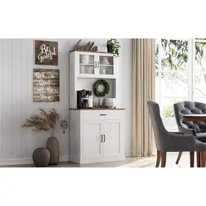 Versatile pantry cabinet for kitchen & dining room – Tall sideboard with glass doors, microwave shelf, height-adjustable shelves & drawer, generous storage space – Color: Washed White