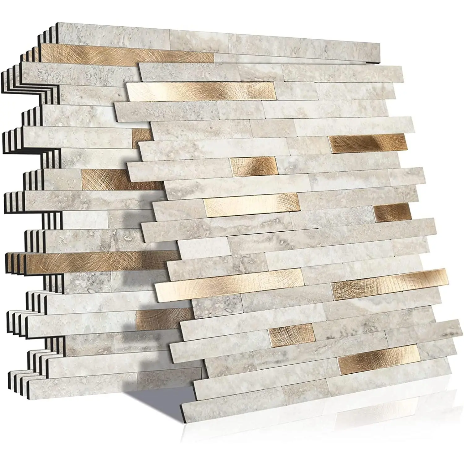 Smooth Renter-Friendly Contemporary Decorative Self-Adhesive Plastic Marble Peel-and-Stick Tiles, 11.4"x10.6" Beige Marble with Golden Embellished Stripes for Bathroom, Kitchen (10-Sheet)