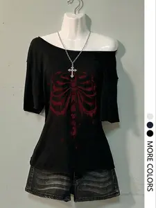 Women's Summer Short Sleeve Asymmetrical Off-Shoulder Top, Comfortable Lightweight Knitted Graphic T-Shirt for Casual Wear, Essential Wardrobe Piece