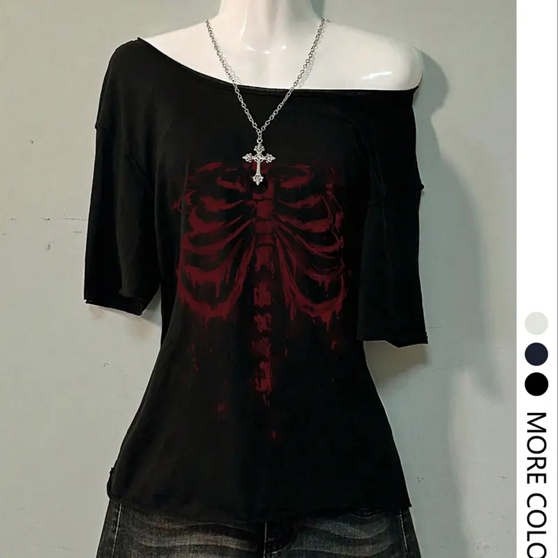 Women's Summer Short Sleeve Asymmetrical Off-Shoulder Top, Comfortable Everyday Lightweight Loose Baggy Oversized Knitted Graphic Print Lady T-Shirt, Casual Loose Tee for Casual Wear, Essential Wardrobe Piece, Womenswear