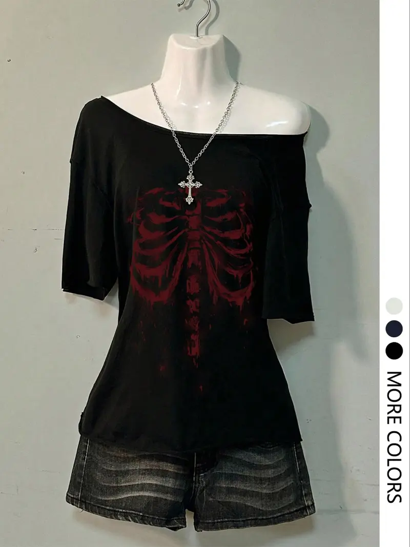 Women's Summer Short Sleeve Asymmetrical Off-Shoulder Top, Comfortable Knitted Graphic T-Shirt for Casual Wear, Essential Wardrobe Piece