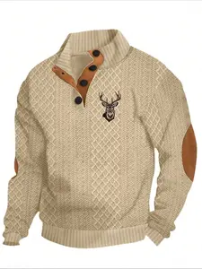Men's Winter Knit Button Front Stand Collar Sweater, Vintage Texture Plaid Deer Head Pattern Shirt, Casual Outdoor Wear for Cold Weather Knitwear