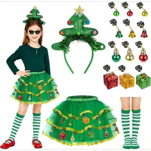 X-CPA025  15pcs Christmas Tree Costume Kids, Christmas Tree Headband Socks, Green Tutu Skirt for Girls with Xmas Decorations Lights