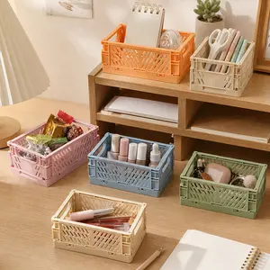 6-Pack Small Collapsible Crates for Organizing, With marker pen and sticker, Pastel Plastic Storage Baskets, Space-Saving Mini Bins for Classroom, Kitchen, Office, Bedroom (5.9" x 3.8" x 2.2")