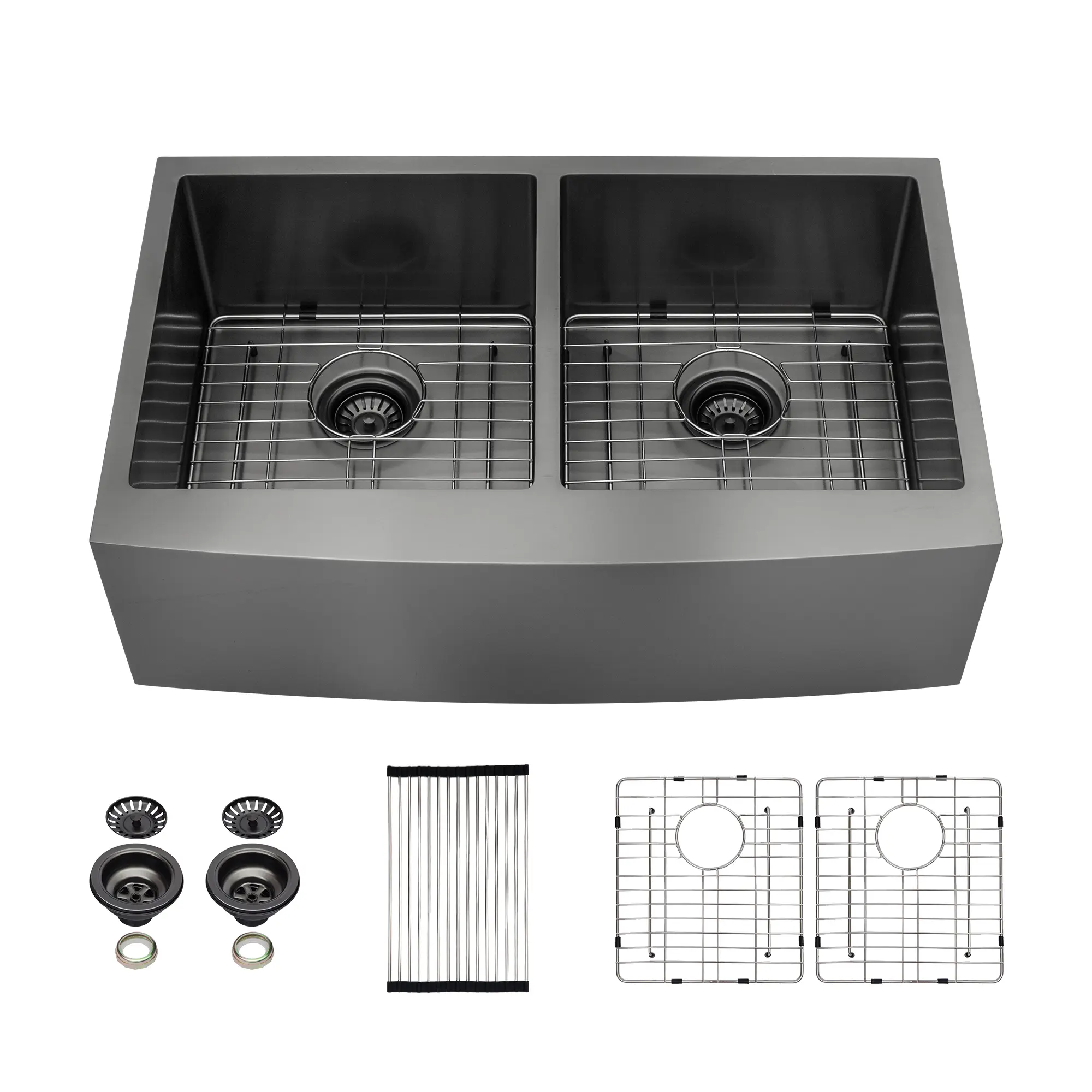 Sarlai Farmhouse Sink, 33x21 Inch Gunmetal Black 16-Gauge Stainless Steel Undermount Kitchen Sink with 50/50 Rectangle Double Bowl Design, 2 Bottom Flush Grids, Traditional Drainage, Fingerprint-Resistant, Durable, Heat Resistant