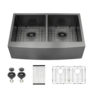 Sarlai 33 x 21 Inch Gunmetal Black Farmhouse Undermount Kitchen Sink 50/50 Double Bowl Undermount Kitchen Sink 16 Gauge Stainless Steel Sink