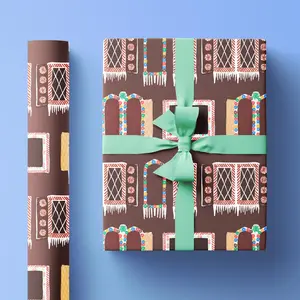 Gingerbread House Wrapping Paper with Candy Window Illustrations, Cute Cottagecore Gift Wrap for Christmas Presents and Holiday Gifts