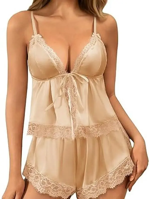Kolagri Women's Silky Satin 2-Piece Lingerie Pajama Set - Floral Lace, Tie-Front Spaghetti Straps Cami, High-Waist Shorts, Bridal Matching Comfortable Sleepwear