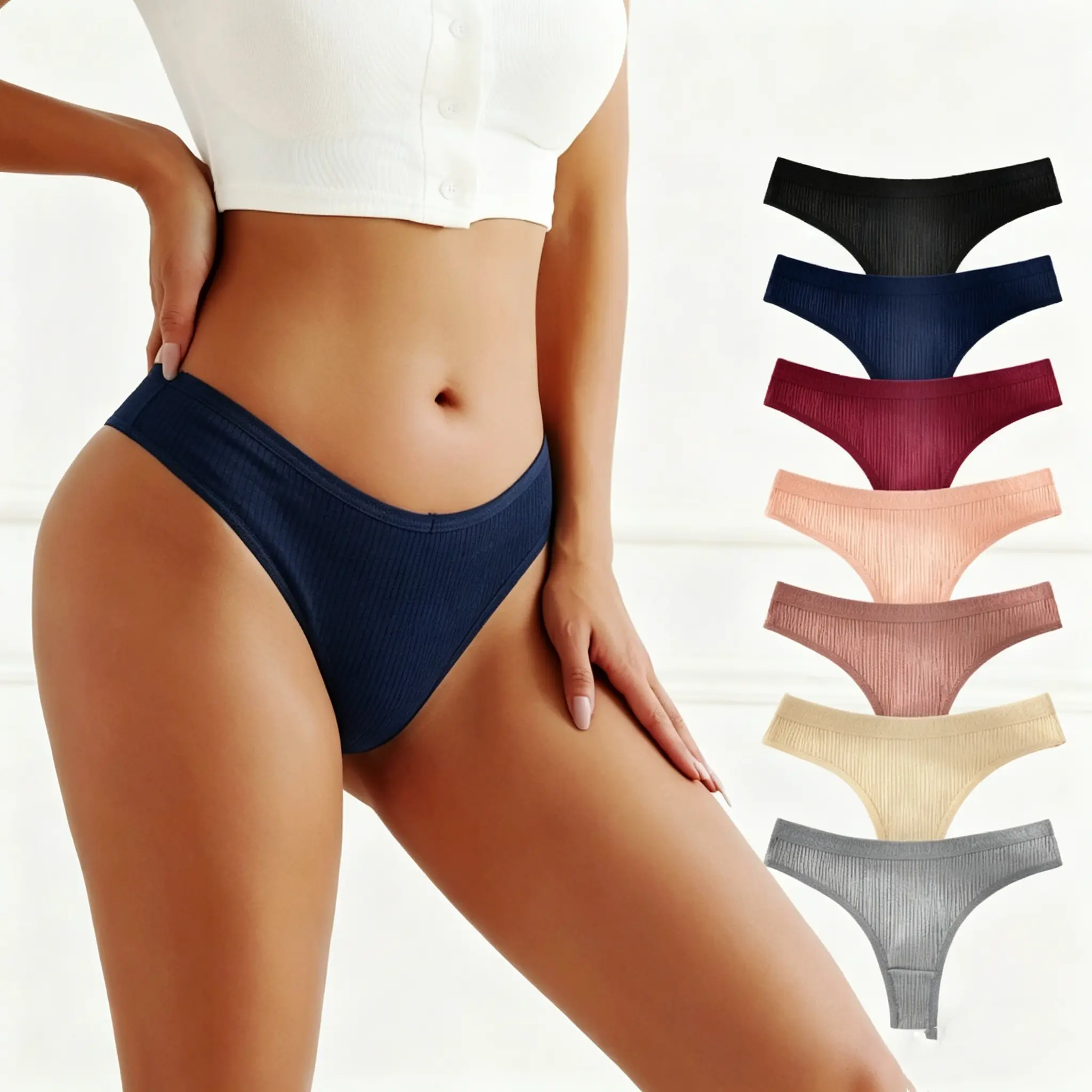 Anygoal Women's 7-Pack Seamless Cotton Thongs, No Show Low Waist Bikini Panties for Lady, Comfortable Breathable Fabric with Stretch Fit, Lingerie, Basic, Minimalist, Panties For Women, Daily Wear