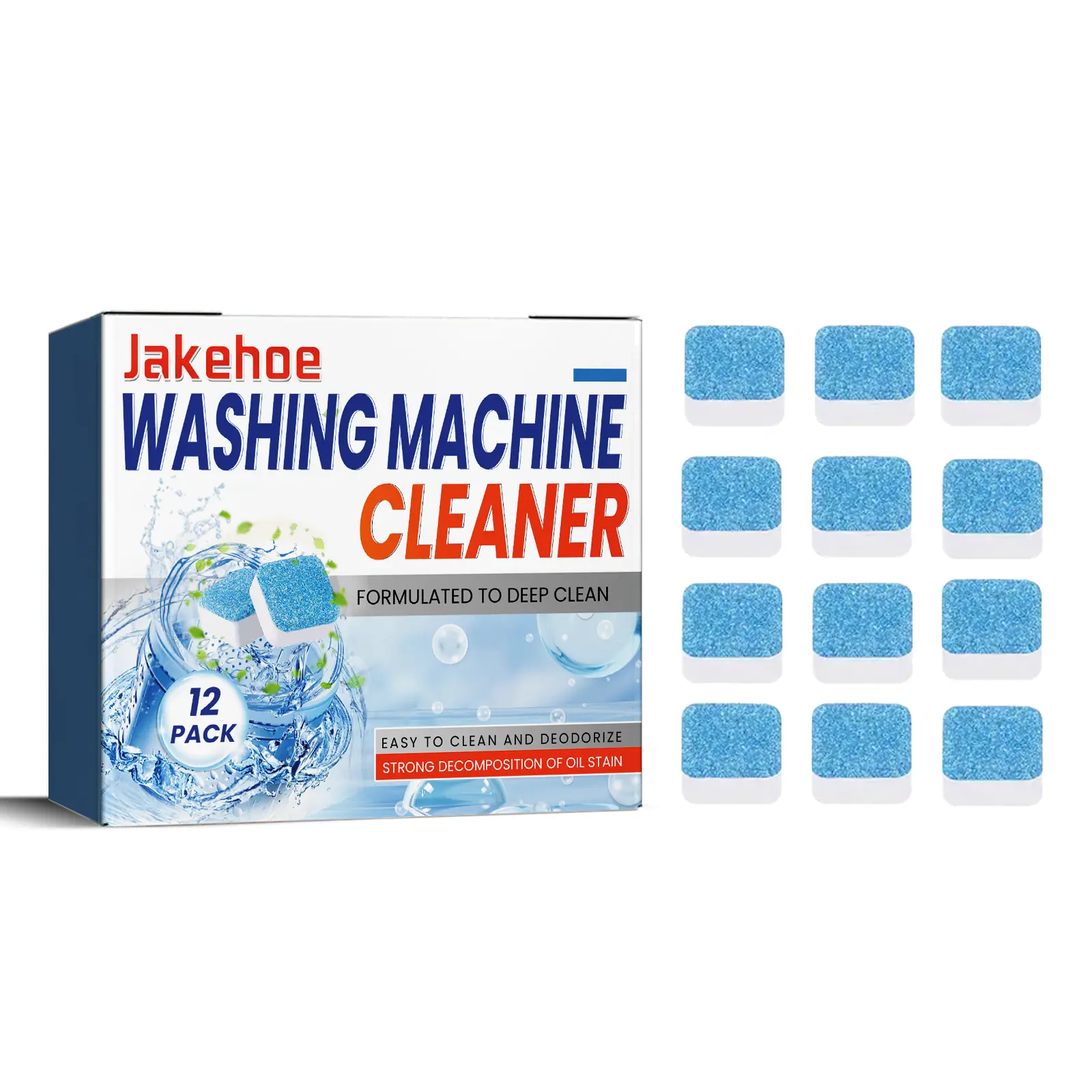Jakehoe Washer Cleaning Tablets with Disodium EDTA & Sodium Dodecyl Benzene Sulfonate - 12 Sheets Antibacterial Multi Purpose Cleaner for Drum, Odour Control Deep Clean Solution (Home Care Supplies)