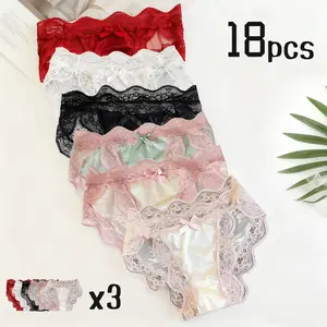 6/12 PCS Solid-color fashion high-quality cotton women’s bikini panties with lace—stretchy and comfortable; available in multiple colors including sheer styles. Women’s spring underwear, back-to-school apparel, women’s clothing, women’s lingerie.