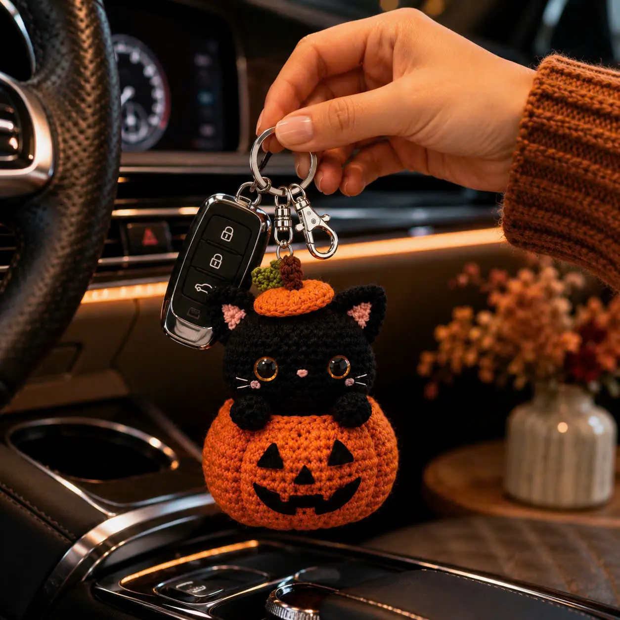 Halloween Handmade Crochet Black Cat Pumpkin Keychain, Cute Jack-O'-Lantern Bag Charm, Fall Backpack-Car Accessory