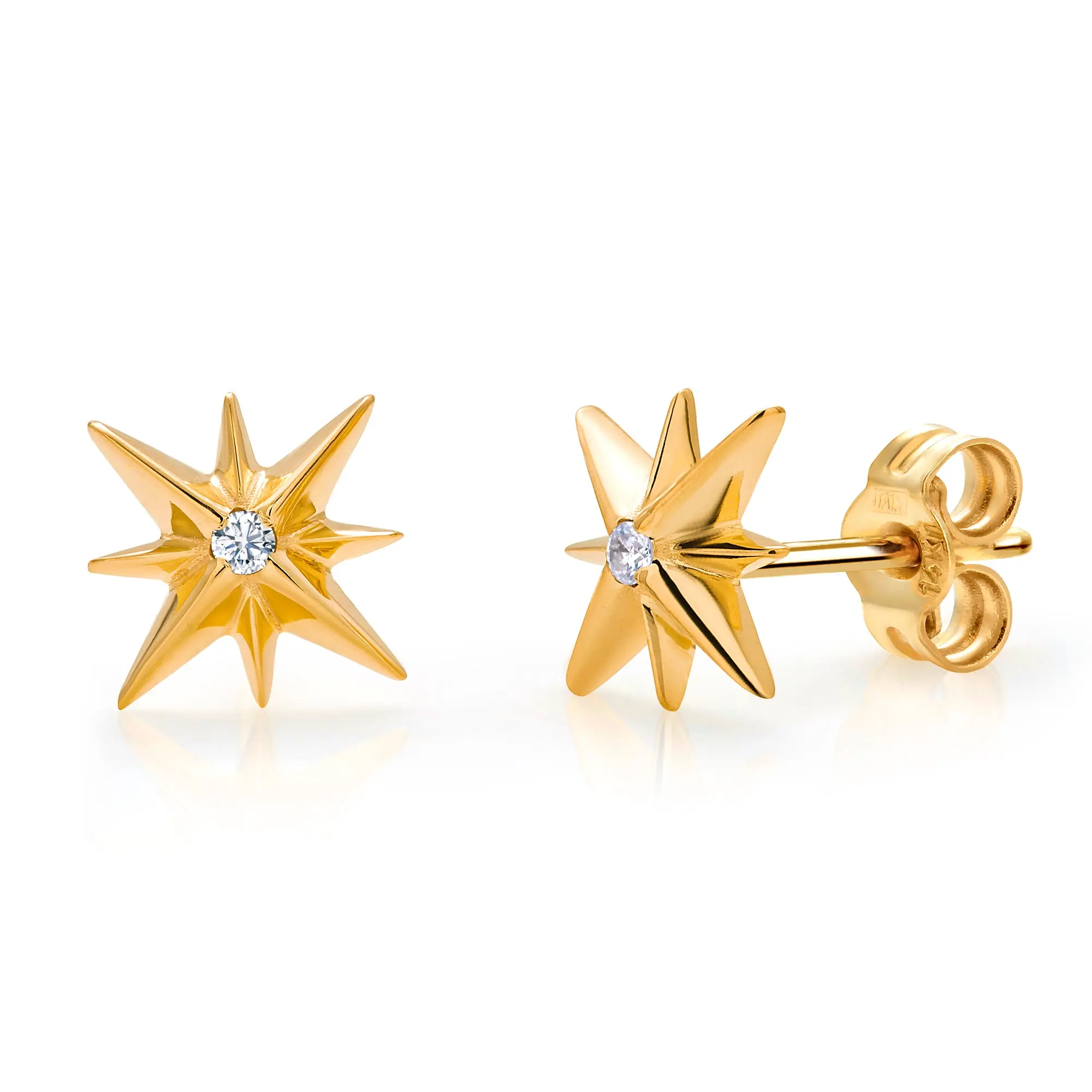 14K Solid Yellow Gold Diamond Star Studs, Diamond Star Studs, Fire Work Star Studs, Diamond Studs, Friction back Studs