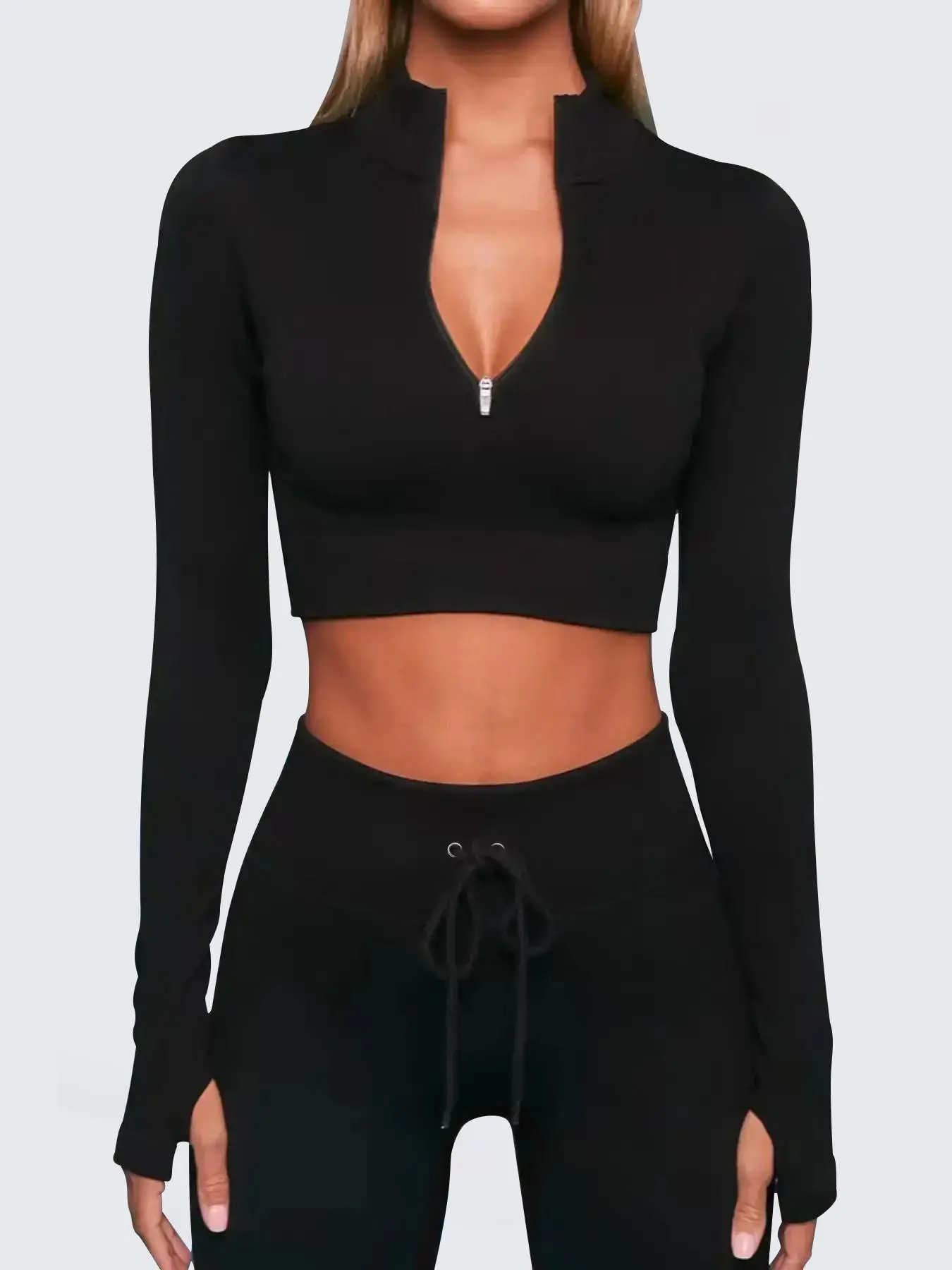 Two-Piece Set Women's Solid Half Zipper Tracksuit Set, Long Sleeve Crop Top & Drawstring High Waist Skinny Pants, Sportswear Clothing for Indoor Outdo